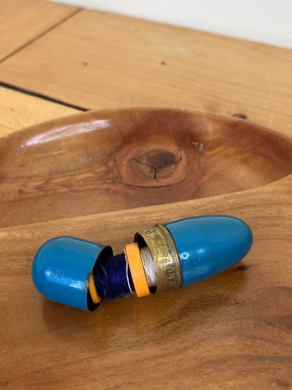 Miniature Capsule Sewing Kit Thread & Pin Blue Enamel Vintage Occupied Germany